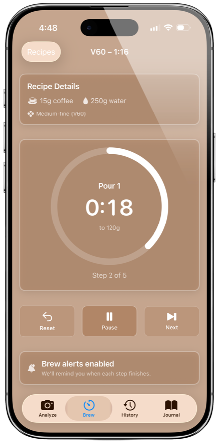 Brew timer running a V60 recipe with step-by-step pour guidance
