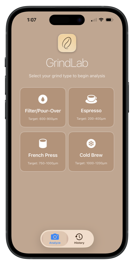 GrindLab home screen showing grind type selection for Filter, Espresso, French Press, and Cold Brew
