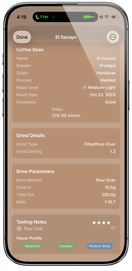 Brew journal entry showing bean details, grind settings, brew parameters, and tasting notes